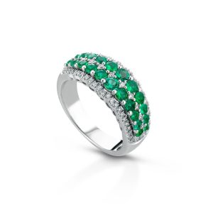 Anello Veretta Donna in Oro 18 Carati con Diamanti e Smeraldi.