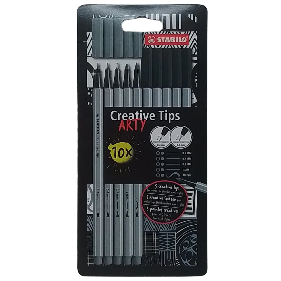 STABILO – CREATIVE TIPS ARTY CONF. 10 PENNARELLI GRIGI E NERI CON 5 PUNTE CREATIVE FINI