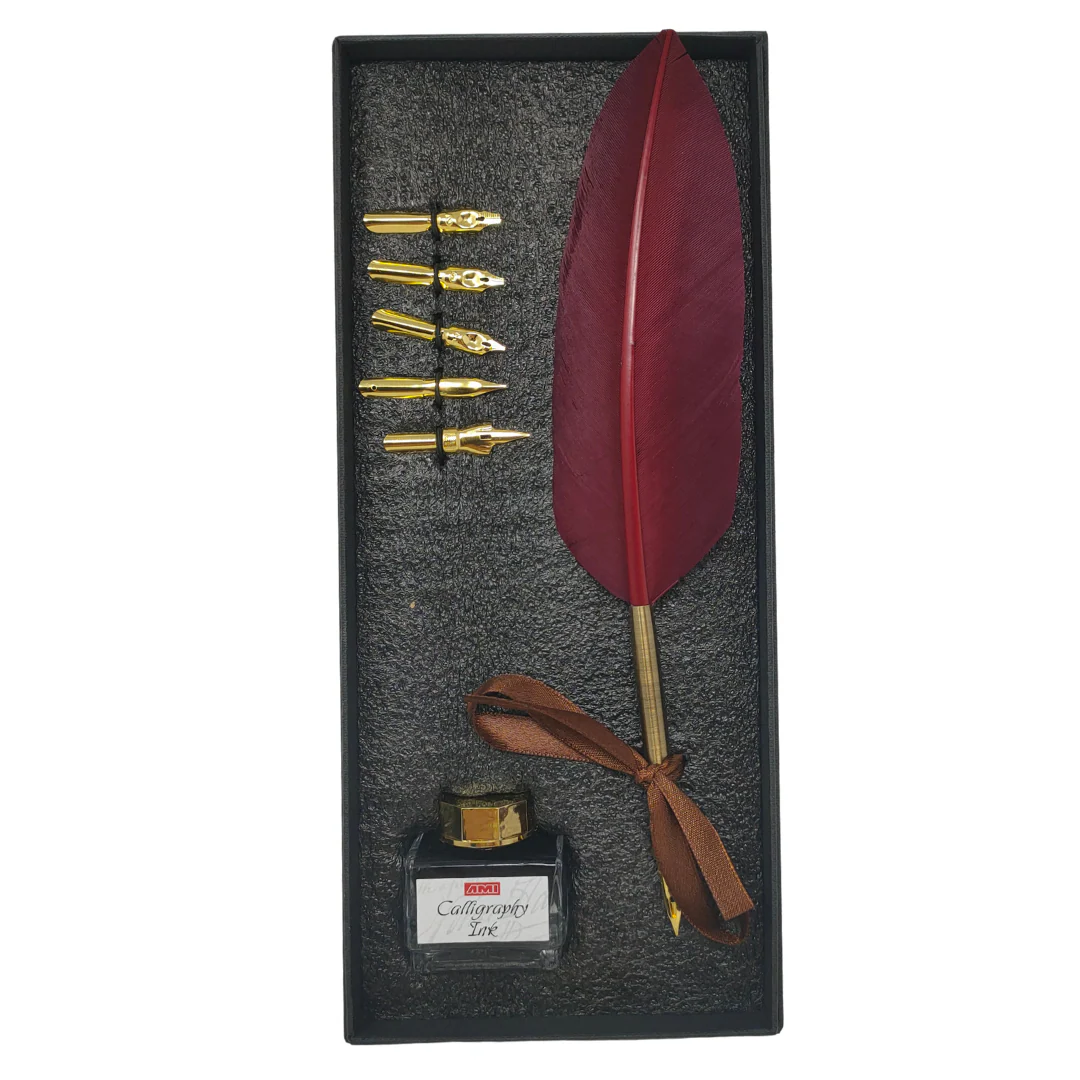 AMI – SET CALLIGRAFICO CON PORTAPENNA CON PIUMA, 6 PENNINI, 1 INCHIOSTRO