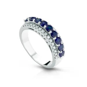 Anello Veretta Donna in Oro 18 Carati con Diamanti e Zaffiri.