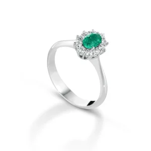 Anello Donna in Oro 18 Carati con Diamanti e Smeraldo.