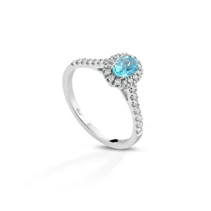 Anello Donna in Oro 18 Carati con Diamanti e Acquamarina.