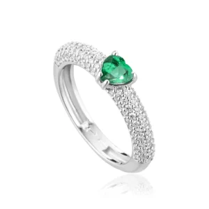 Anello Donna modello Cuore in Oro 18 Carati con Diamanti e Smeraldo