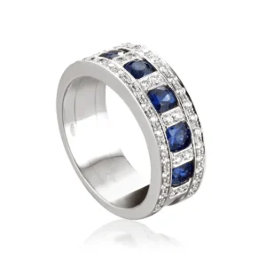 Anello Fascia Unisex in Oro Bianco 18 Carati con Diamanti e Zaffiri Taglio Princess.